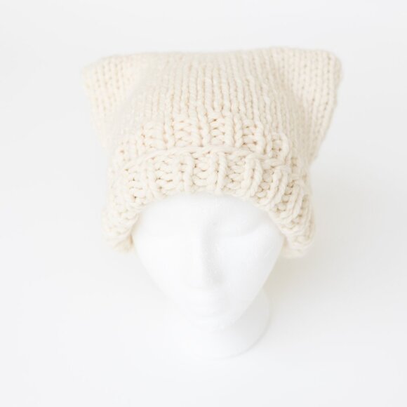 Kids Cream white Cat Ear Hand Knit Beanie - Picture 2 of 3